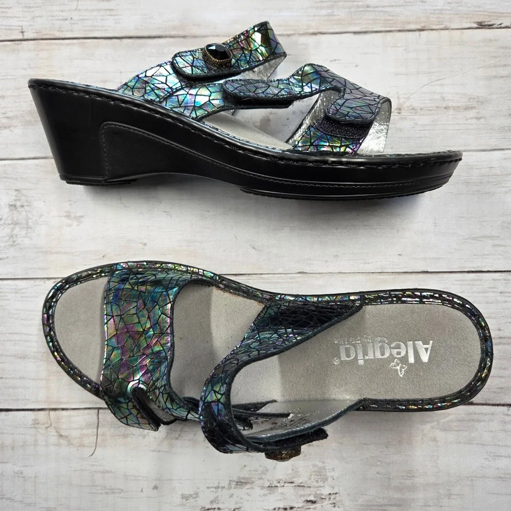 Alegria Loti Wedge Sandals Women 40 Multicolor Holographic Mosaic Leather Straps